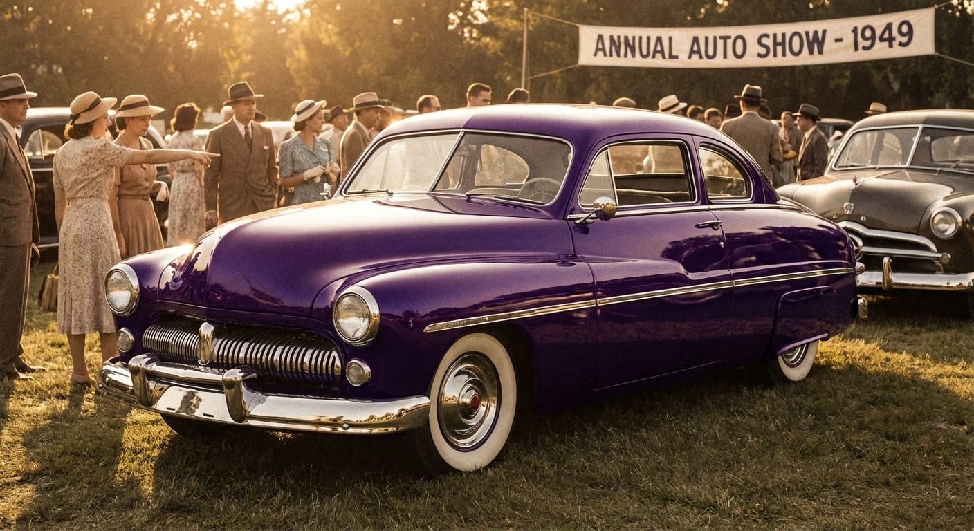 Scene from Carlos M's memory of the 1949 Mercury Eight Coupe Royal Purple With White Trim Roof Restored At Car Show