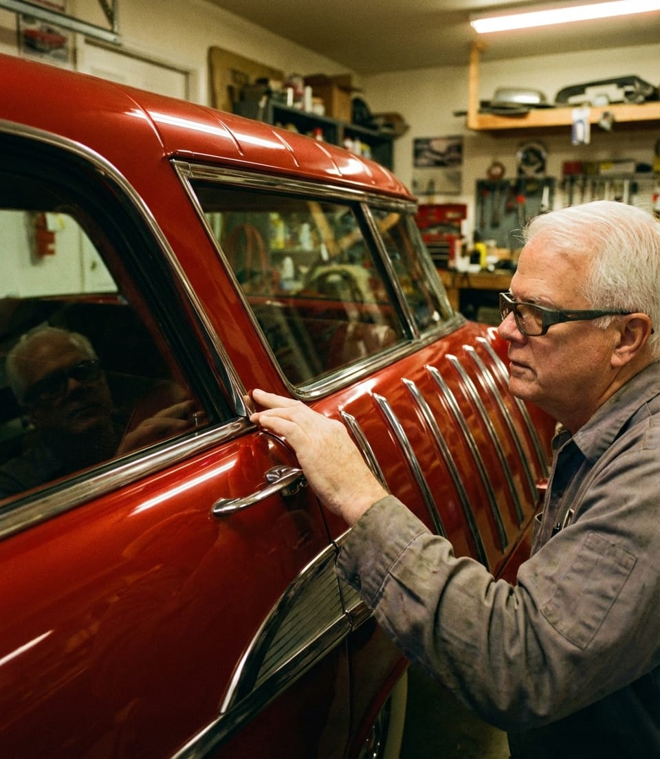 Harvey Hoover admiring the styling details of a Matador Red 1957 Chevrolet Nomad.