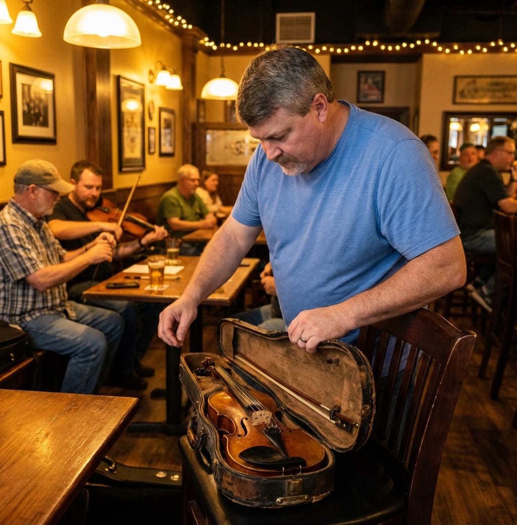 Marty Bostick opens his fiddle case in a warm Irish pub as musicians gather for a session.