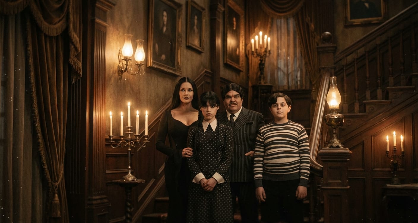 A gothic family of four in dark outfits stands together in a candlelit haunted manor foyer, looking quietly at home.