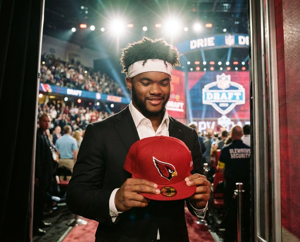 Kyler Murray holding his Cardinals draft hat after being selected No. 1 overall in 2019.