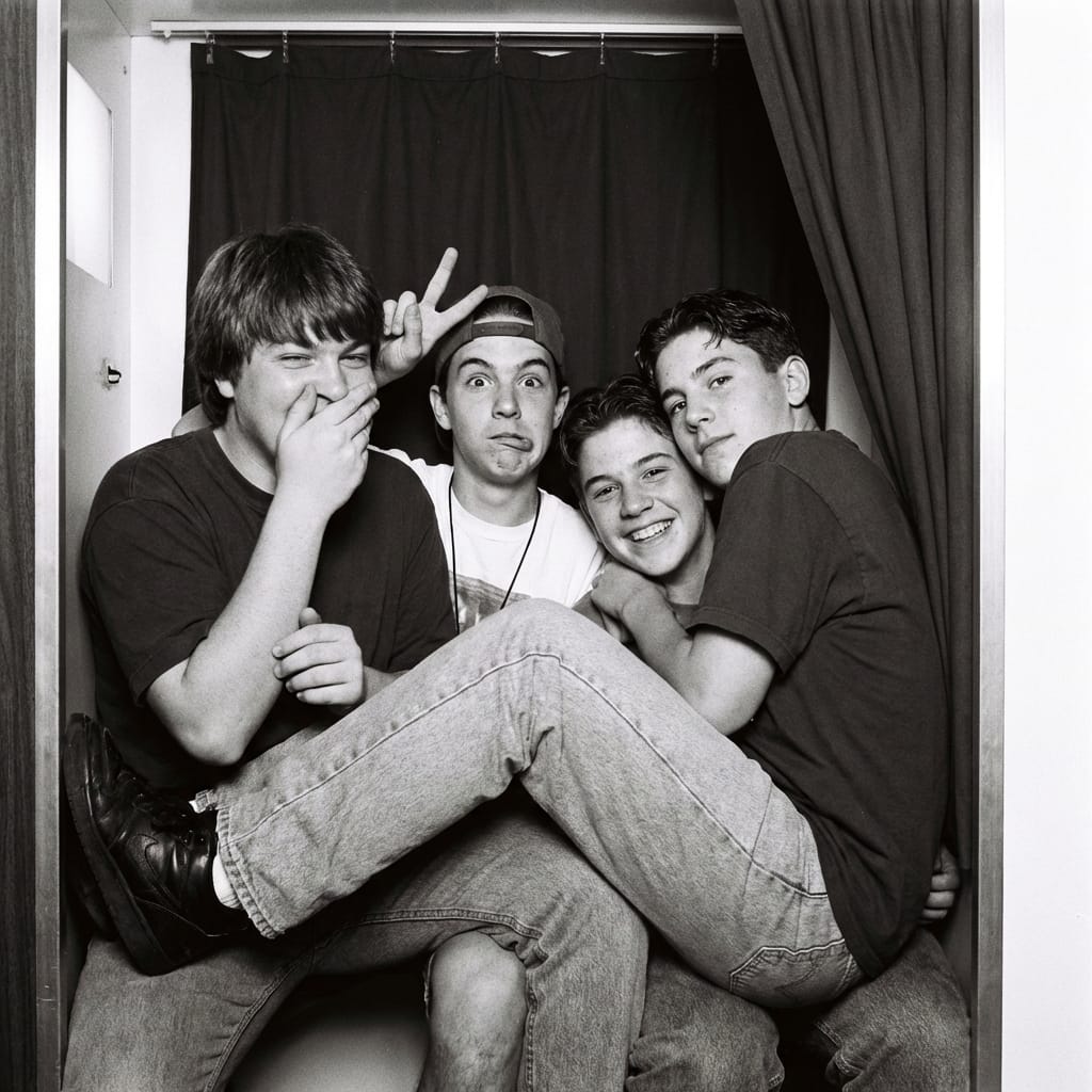 Four teenage boys squeezed into a mall photo booth in 1993, laughing and posing as the flash goes off.
