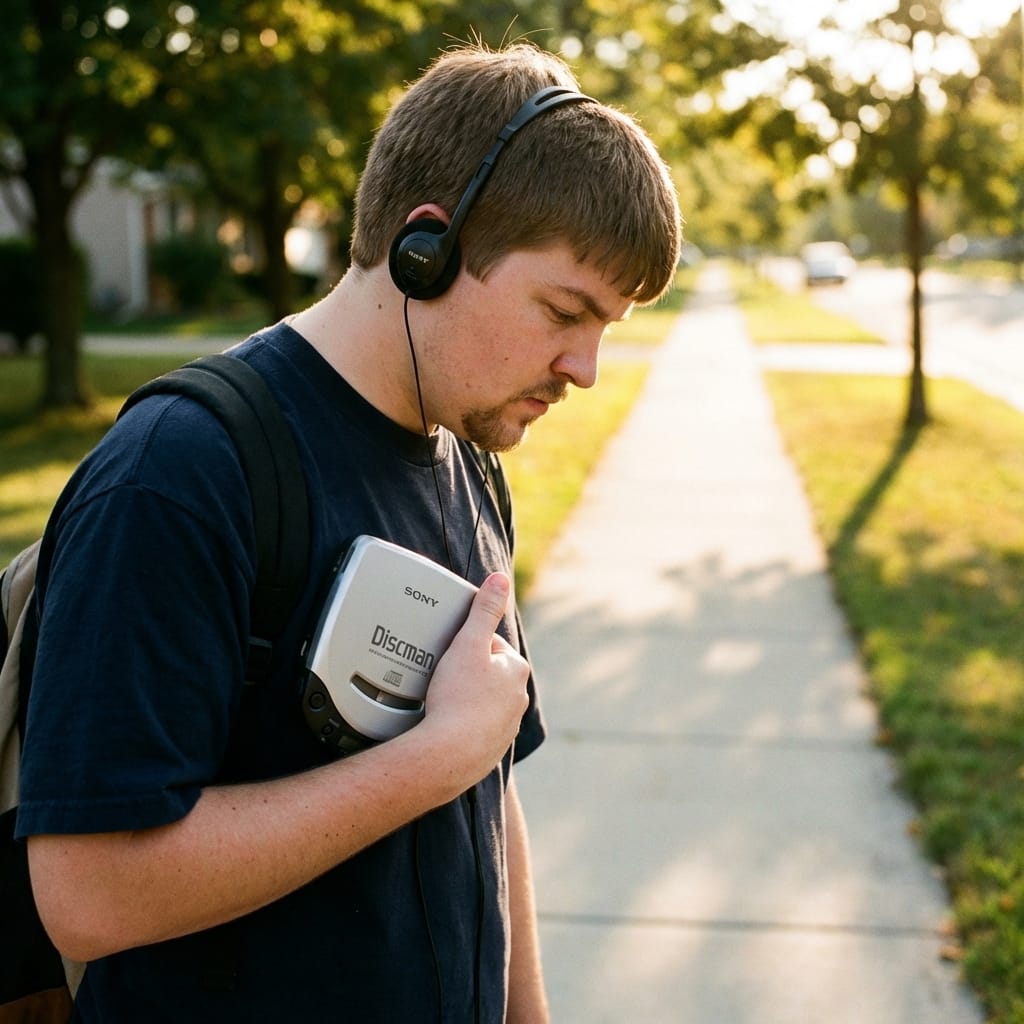 George Simmons walking carefully with a Sony Discman and foam headphones in 1999.