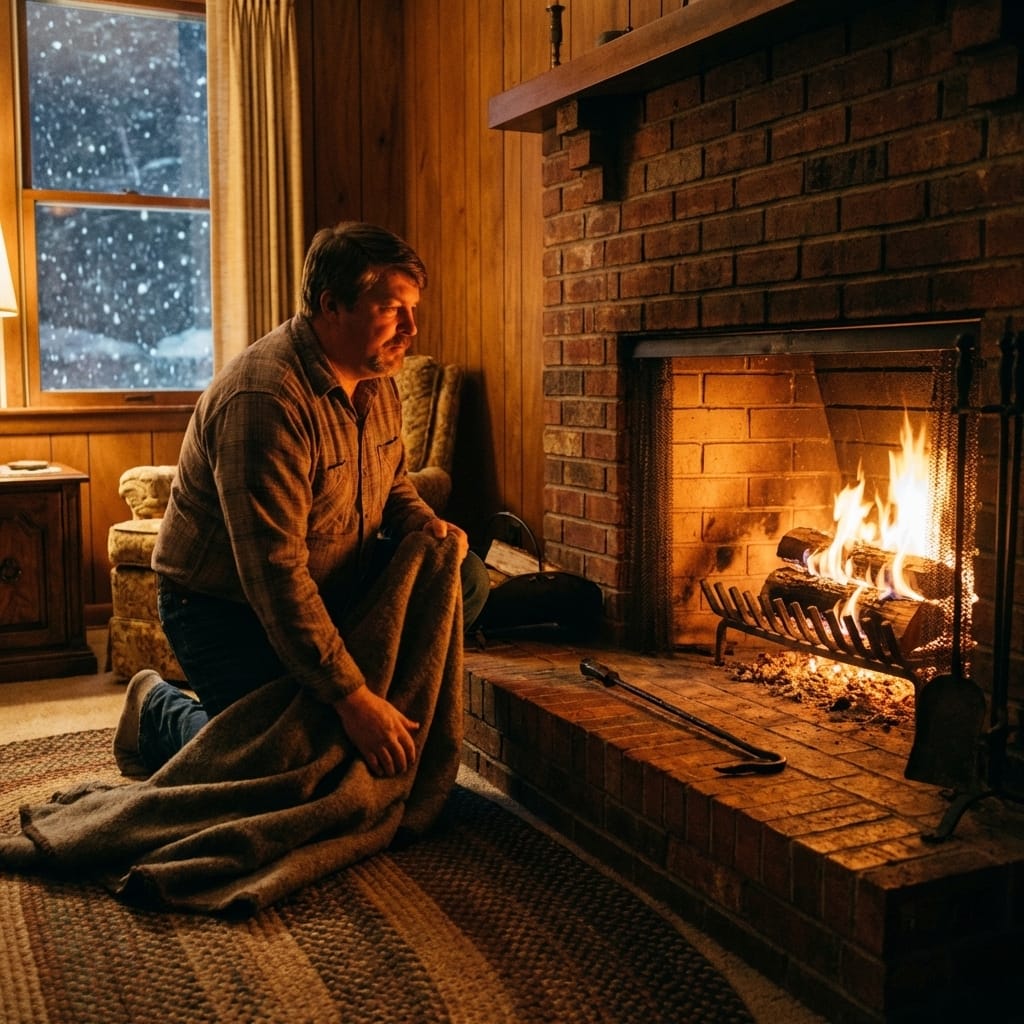 Thomas Keller pulling a blanket close to a glowing brick fireplace with a metal grate and iron poker during a snowy 1970s evening.