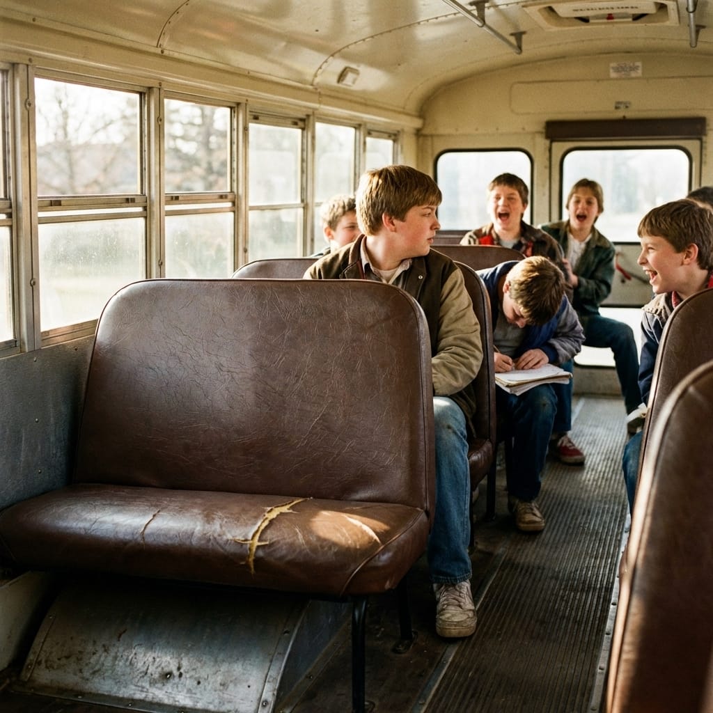 A late-1980s school bus interior with cracked brown vinyl seats and boys talking and arguing as one boy looks out the sliding window.