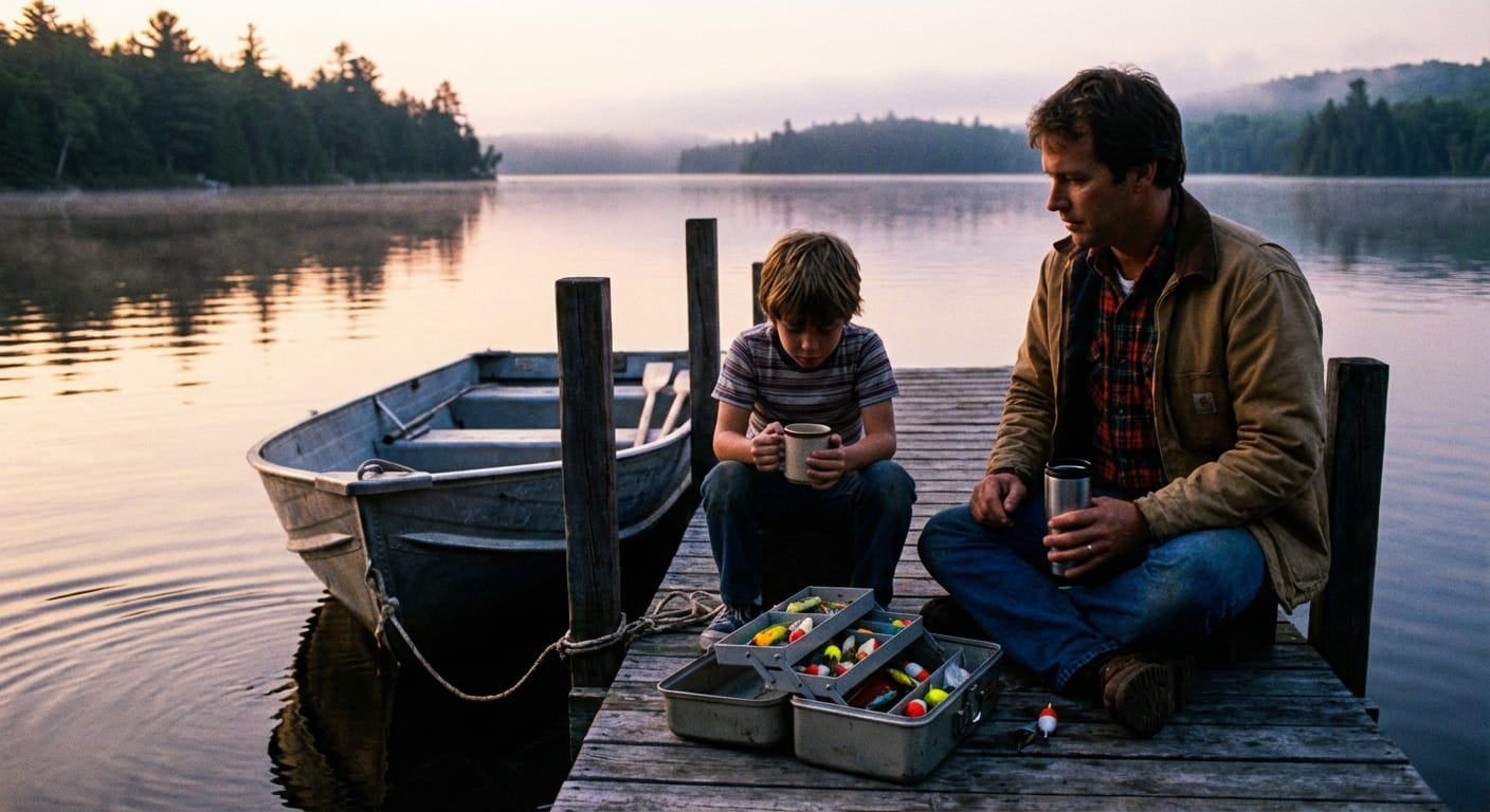 A father and son sit together on a wooden dock before sunrise with a tackle box, coffee, and hot chocolate beside a calm lake.