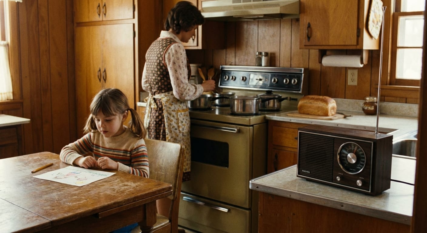 A warm 1970s kitchen moment with Gloria Mitchell watching her mother cook while a wood-paneled radio plays on the counter.