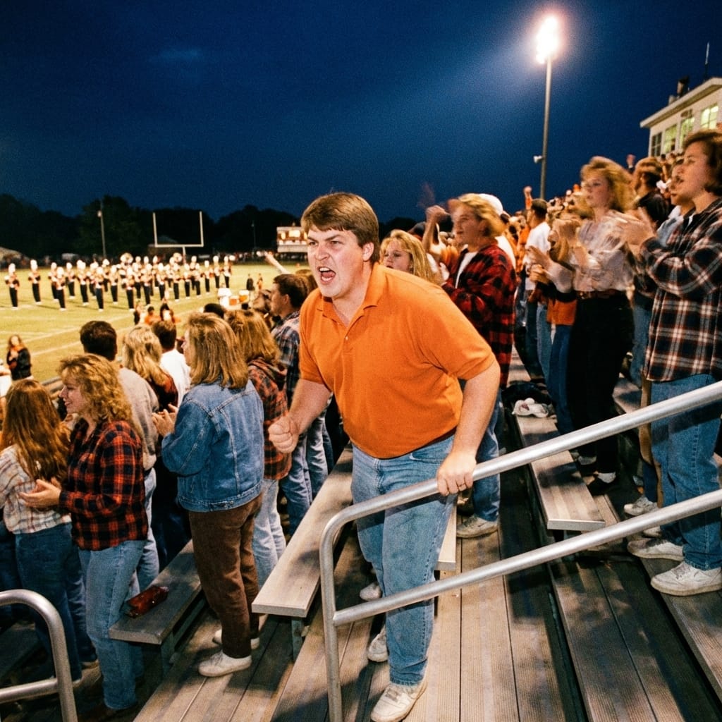 Tyler Grant standing on metal bleachers under stadium lights on a Friday night in 1998.