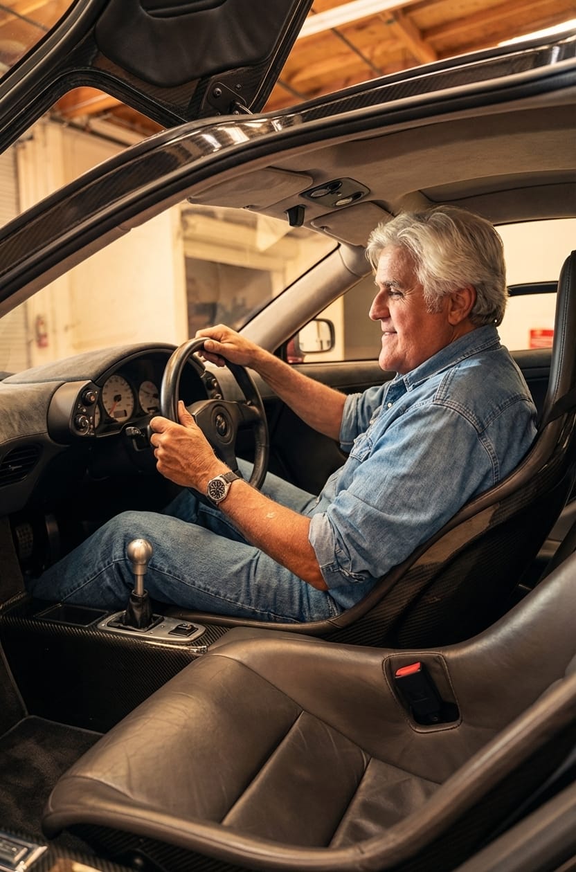 Jay Leno sitting in the central driving seat of his 1994 McLaren F1 inside his garage.