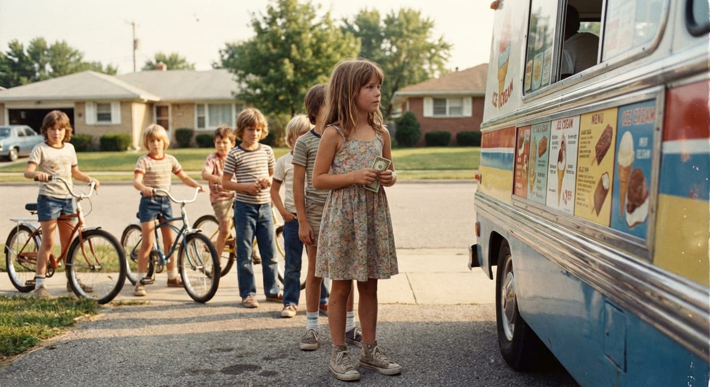 A young Laura Bennett stands with other kids in line at a late-1970s ice cream truck, clutching a dollar bill in the summer sun.