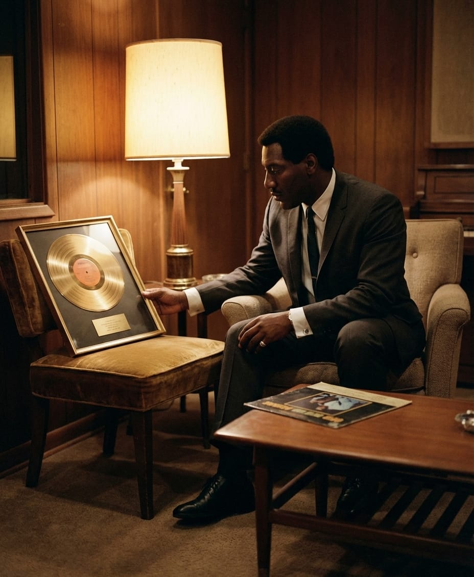 A man in a 1960s suit sits quietly beside a framed gold record plaque in a studio lounge.