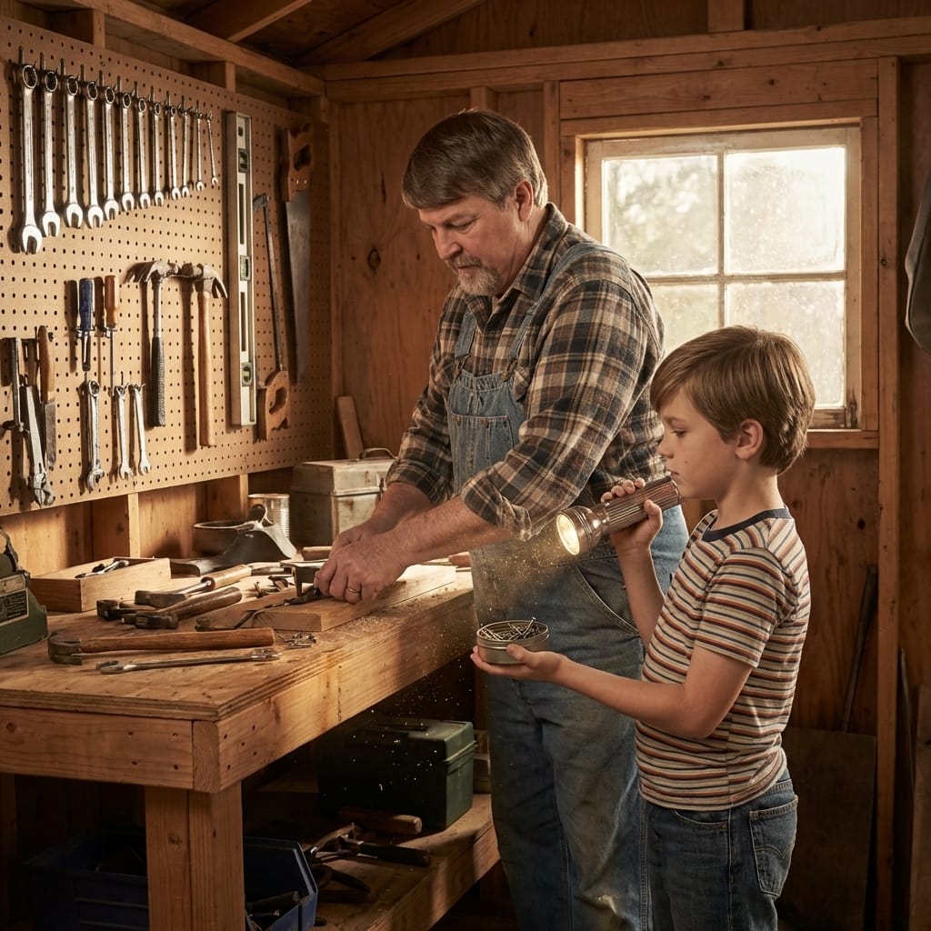 Patrick O’Neil as a boy holding a flashlight for his grandfather in a late-1970s tool shed with a pegboard wall of neatly arranged tools.