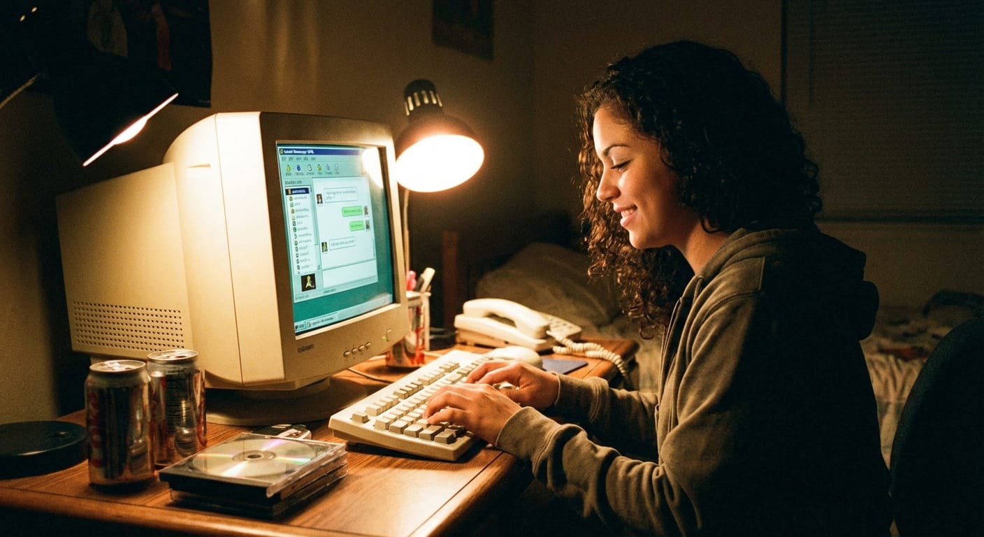 Jessica Morales at her desktop computer at night with an AIM chat window open.