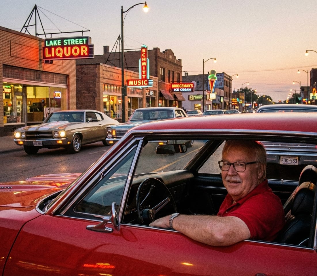 Lenny DeMann driving his red 1968 Pontiac GTO down Lake Street in Minneapolis at dusk.