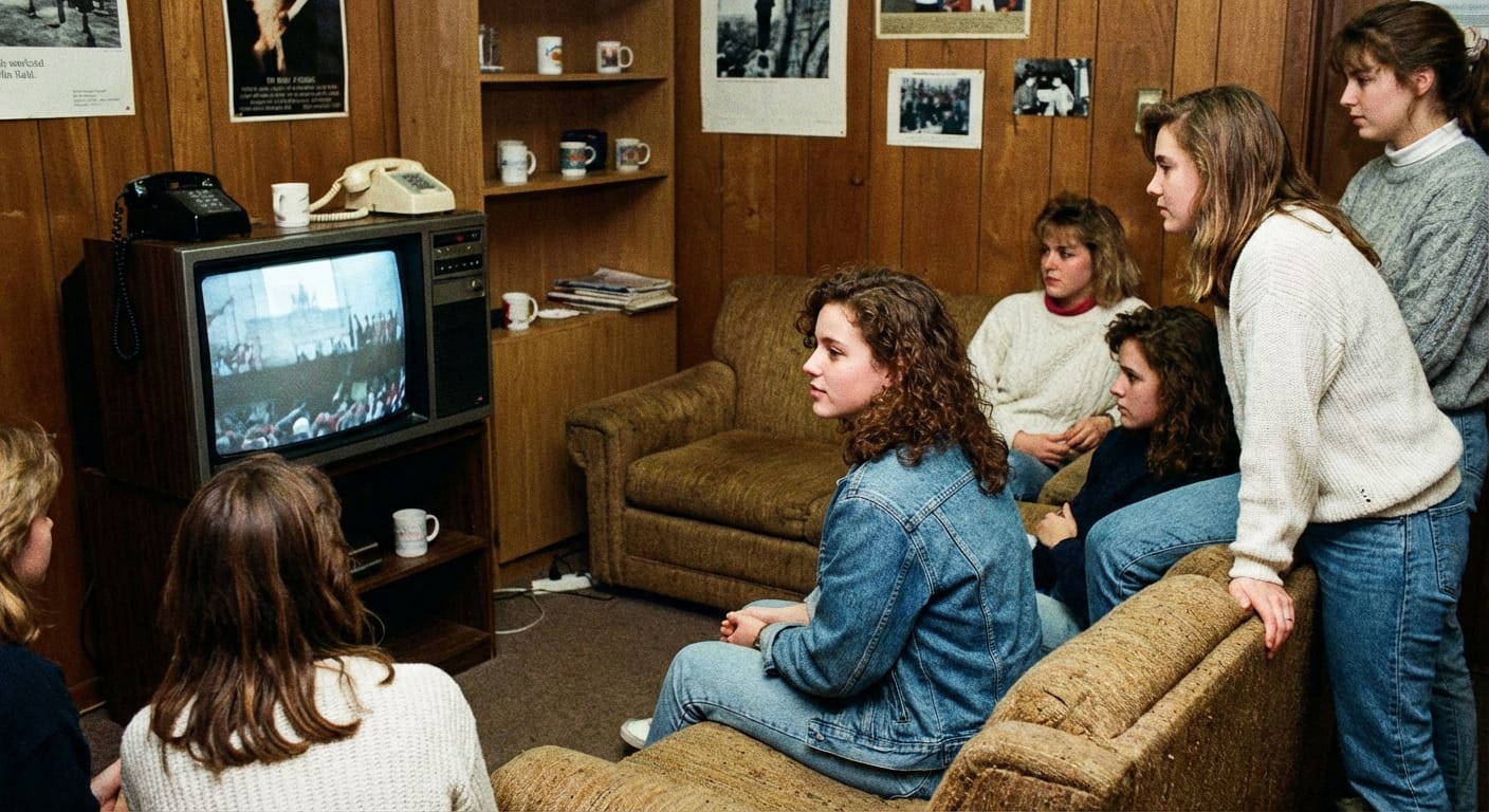 Linda Fischer and other women students gathered around a dorm TV watching news footage of crowds at the Berlin Wall in 1989.