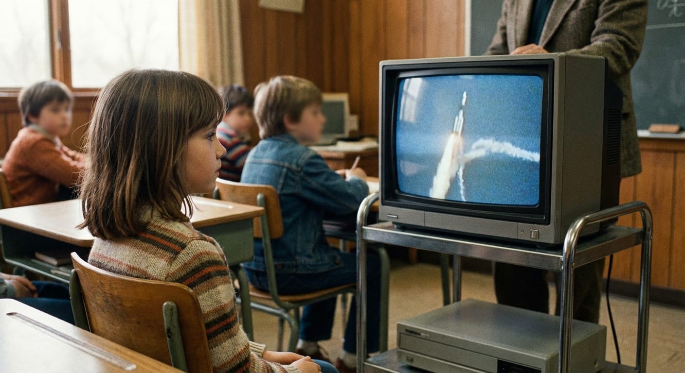 A schoolgirl watches a classroom TV showing the Challenger launch as the room goes silent.