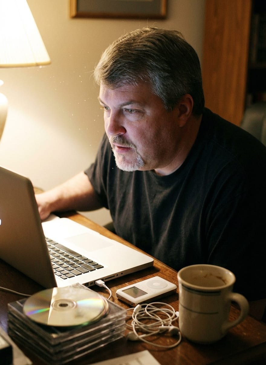 Jason Parker in 2007 leaning toward a laptop as he watches the iPhone keynote, the room softly lit with early-2000s tech nearby.