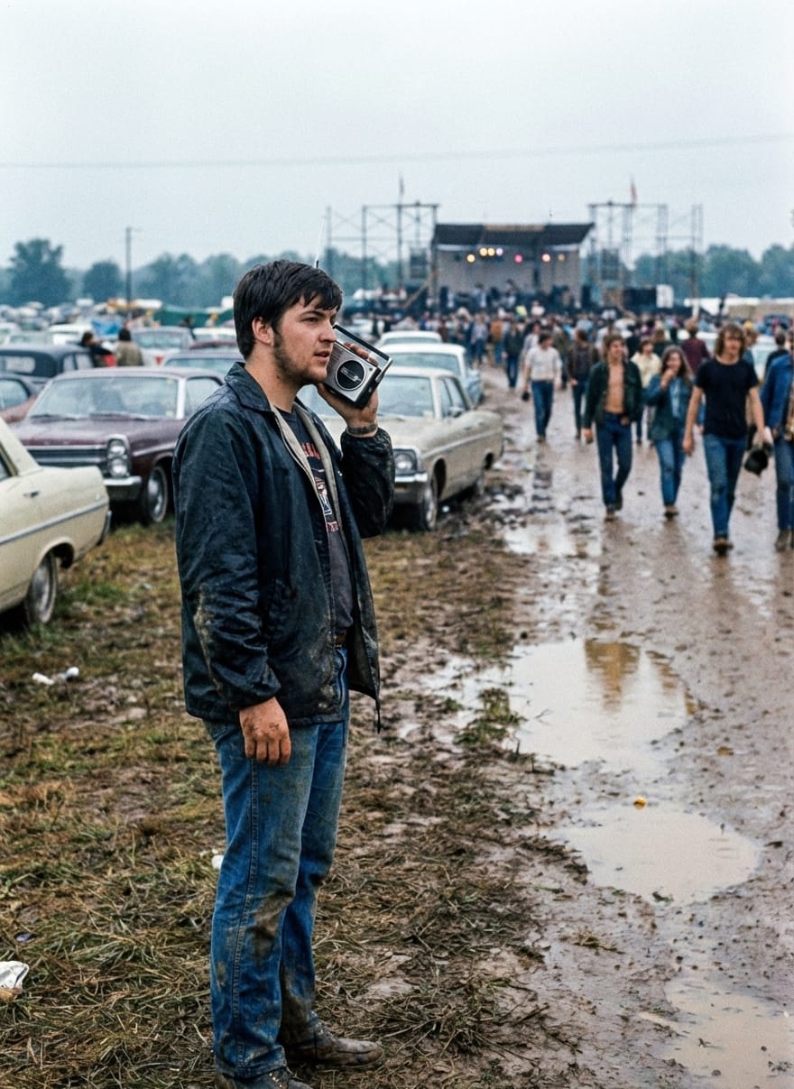 Alan Richards holding a portable transistor radio while walking toward a massive muddy outdoor music festival field in 1969.