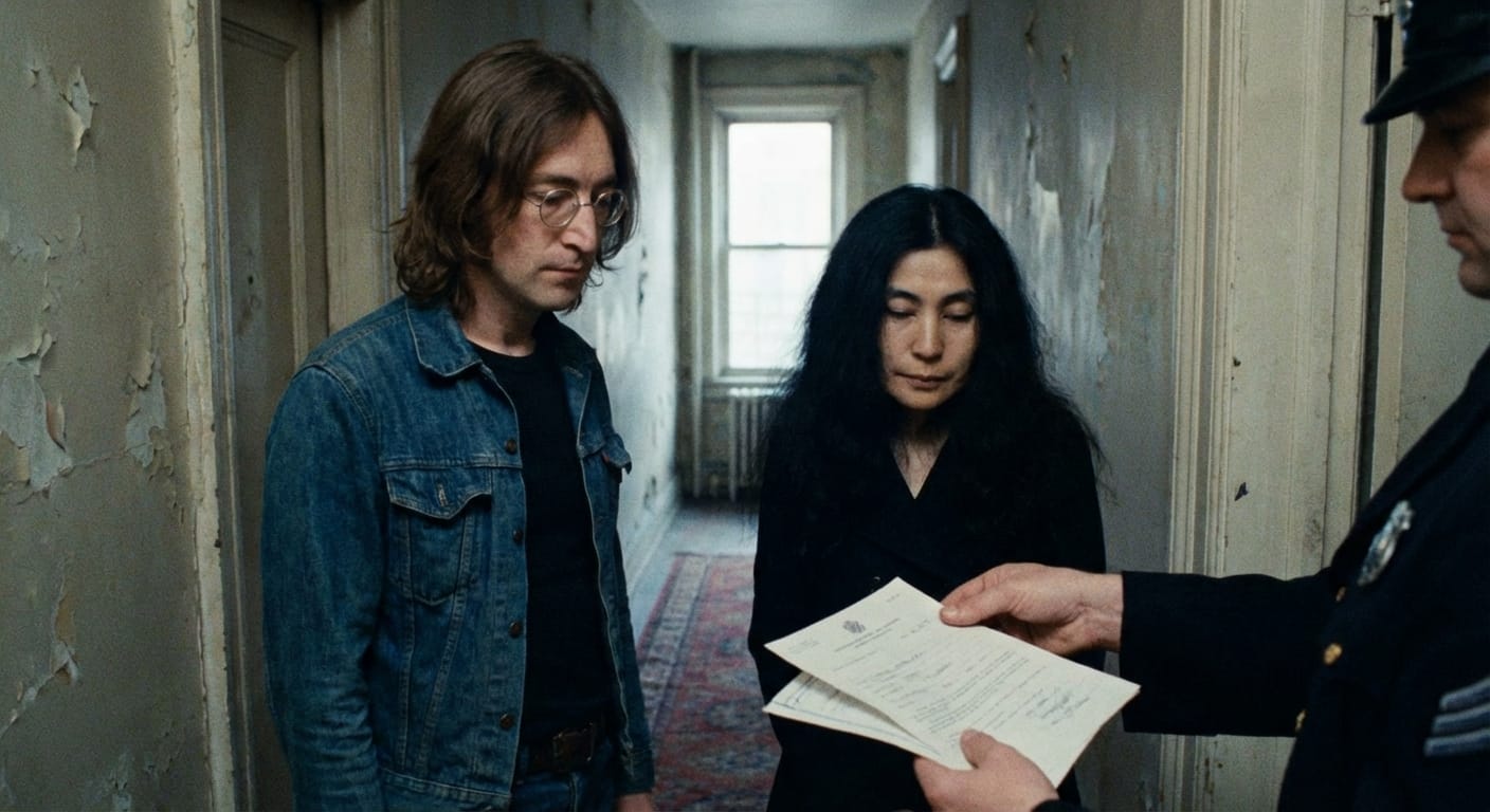 John Lennon and Yoko Ono receiving deportation papers in a New York apartment in 1972.