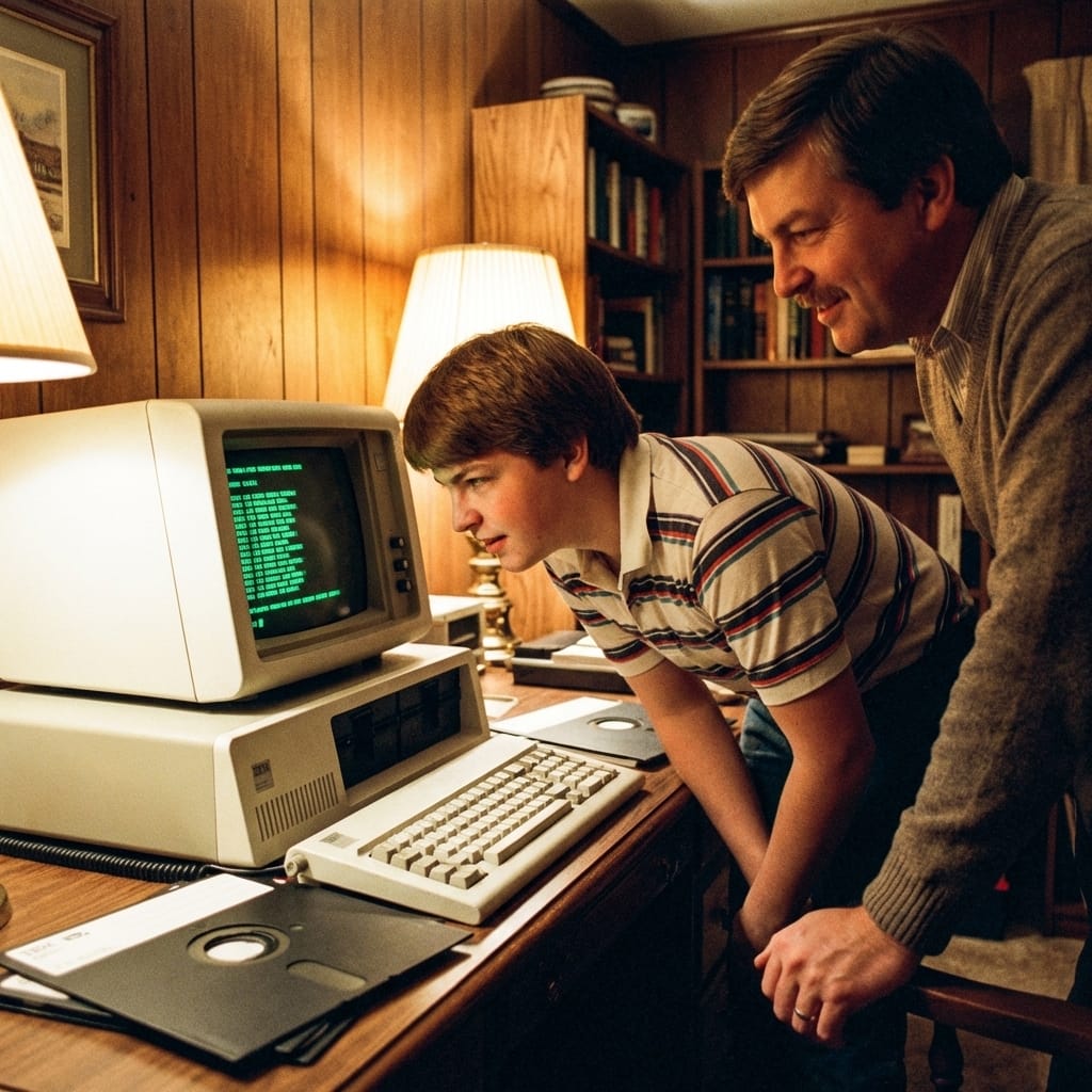 Steven Carter watching an early IBM PC’s green screen glow while his father stands nearby, floppy disks on the desk.