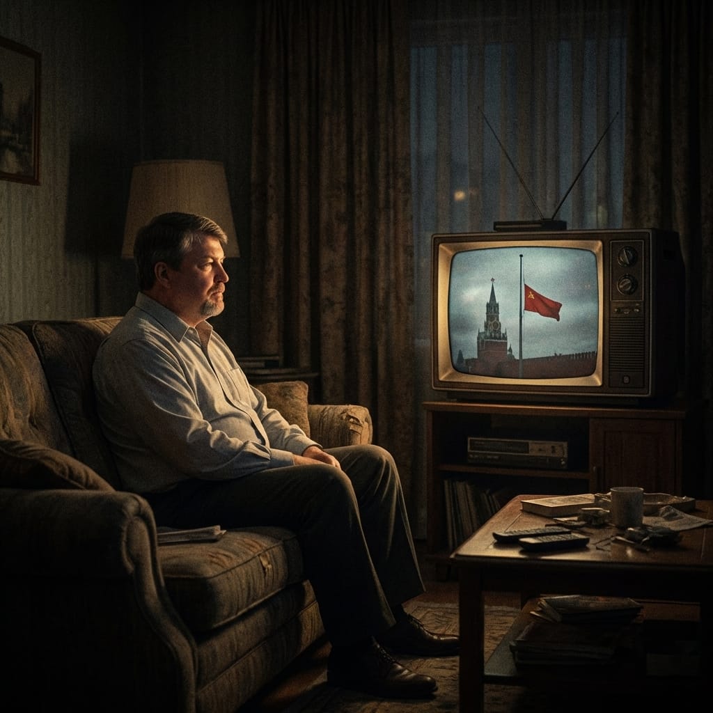 Michael Donovan watching late-night TV news as the Soviet flag is lowered.