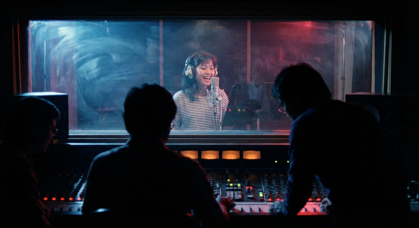 Annabella Lwin recording vocals in a 1982 studio, seen through the control-room glass.