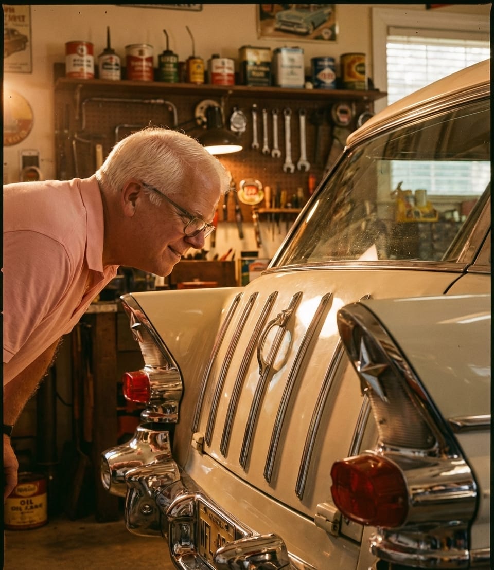 Harvey admiring the tailgate chrome on a restored 1957 Pontiac Star Chief Safari.