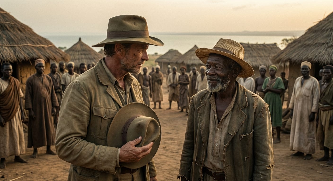 Henry Morton Stanley formally greeting Dr. David Livingstone in Ujiji near Lake Tanganyika.