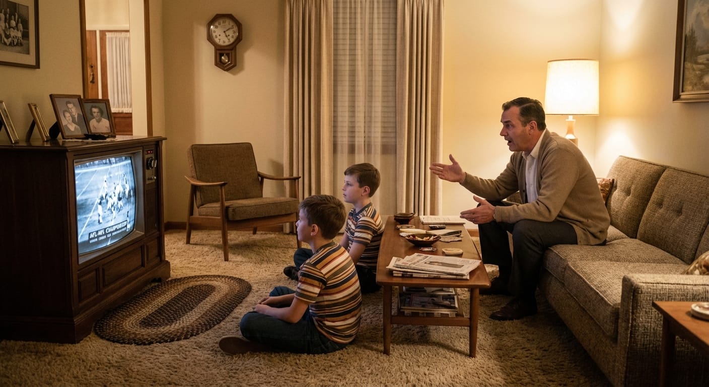 A father explains the game to his two sons as they sit cross-legged watching a fuzzy 1967 football broadcast on a living room television.