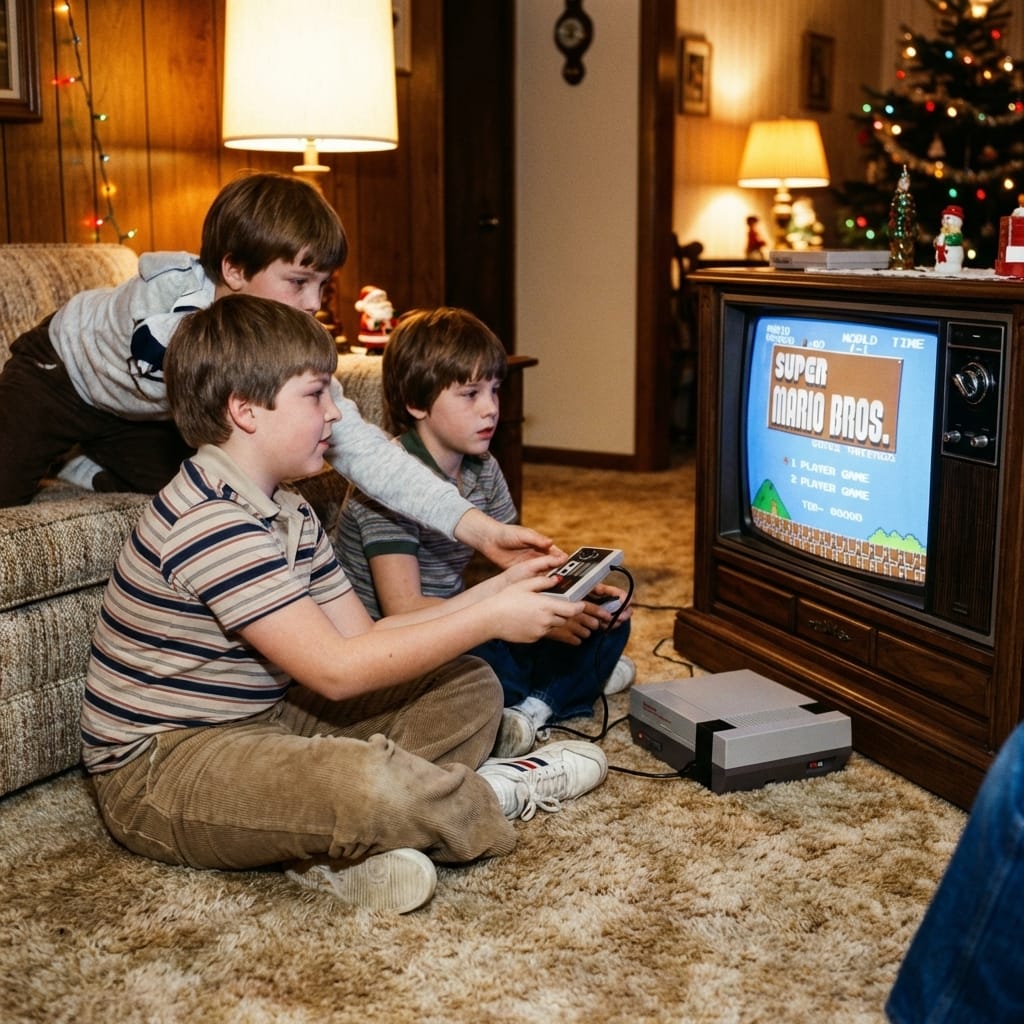 Kevin Marshall and friends taking turns with the NES controller the day after Christmas 1985.