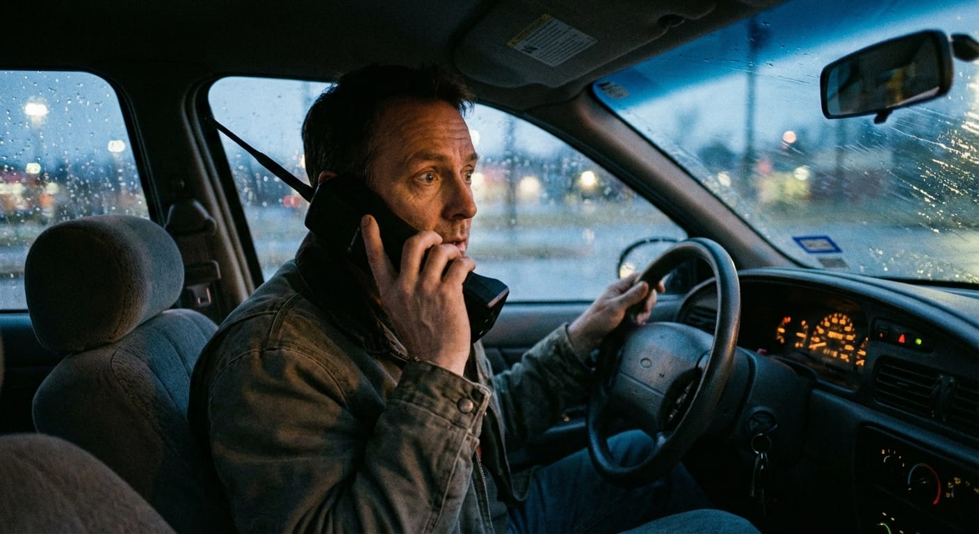 Mark Reynolds sitting in his car in 1994, holding a Motorola brick phone as he listens to a dial tone.