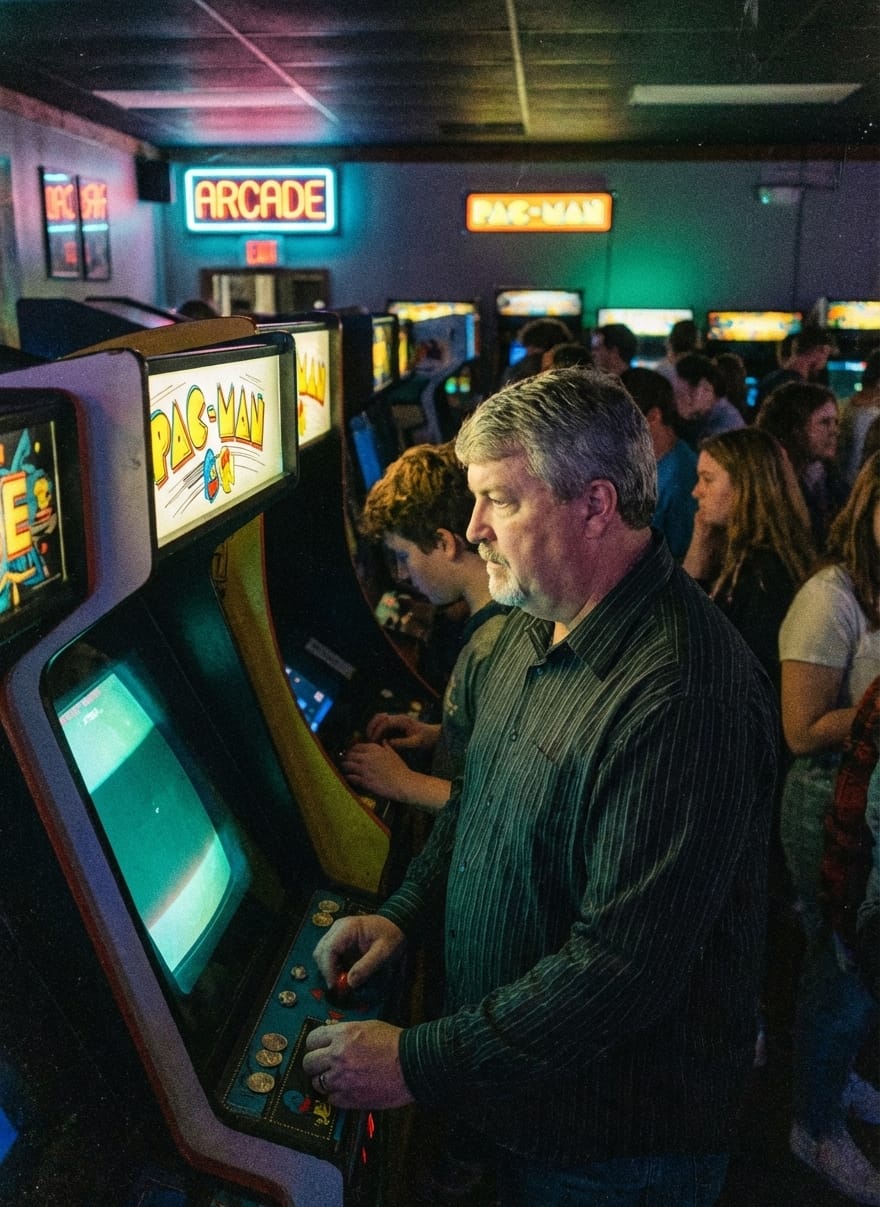 Tony Delgado waiting in line at a dim early 1980s arcade, watching another player at an upright cabinet while holding quarters.