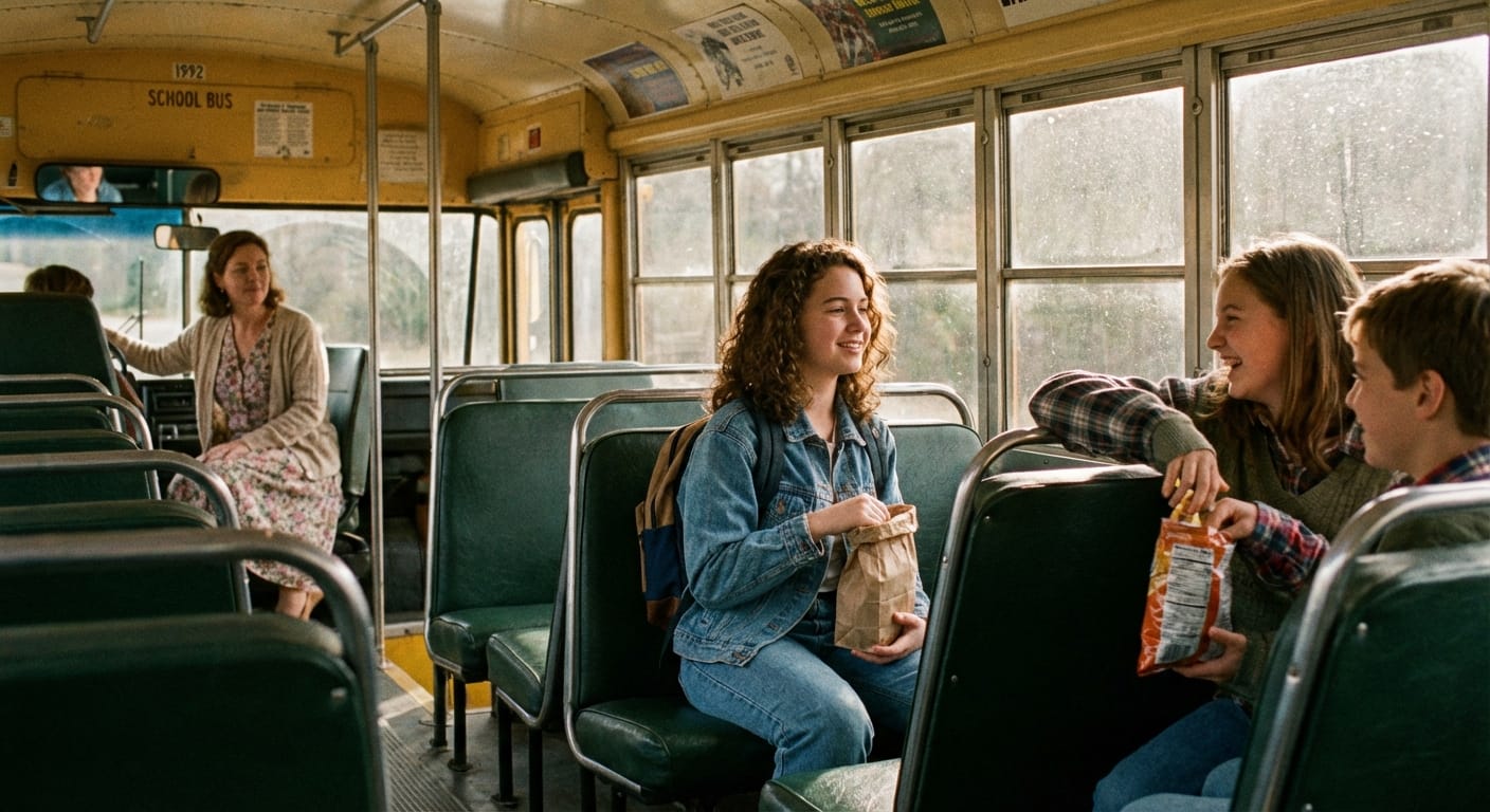 Megan Carter on a yellow school bus in 1992 holding a paper sack lunch while classmates share snacks and laugh.
