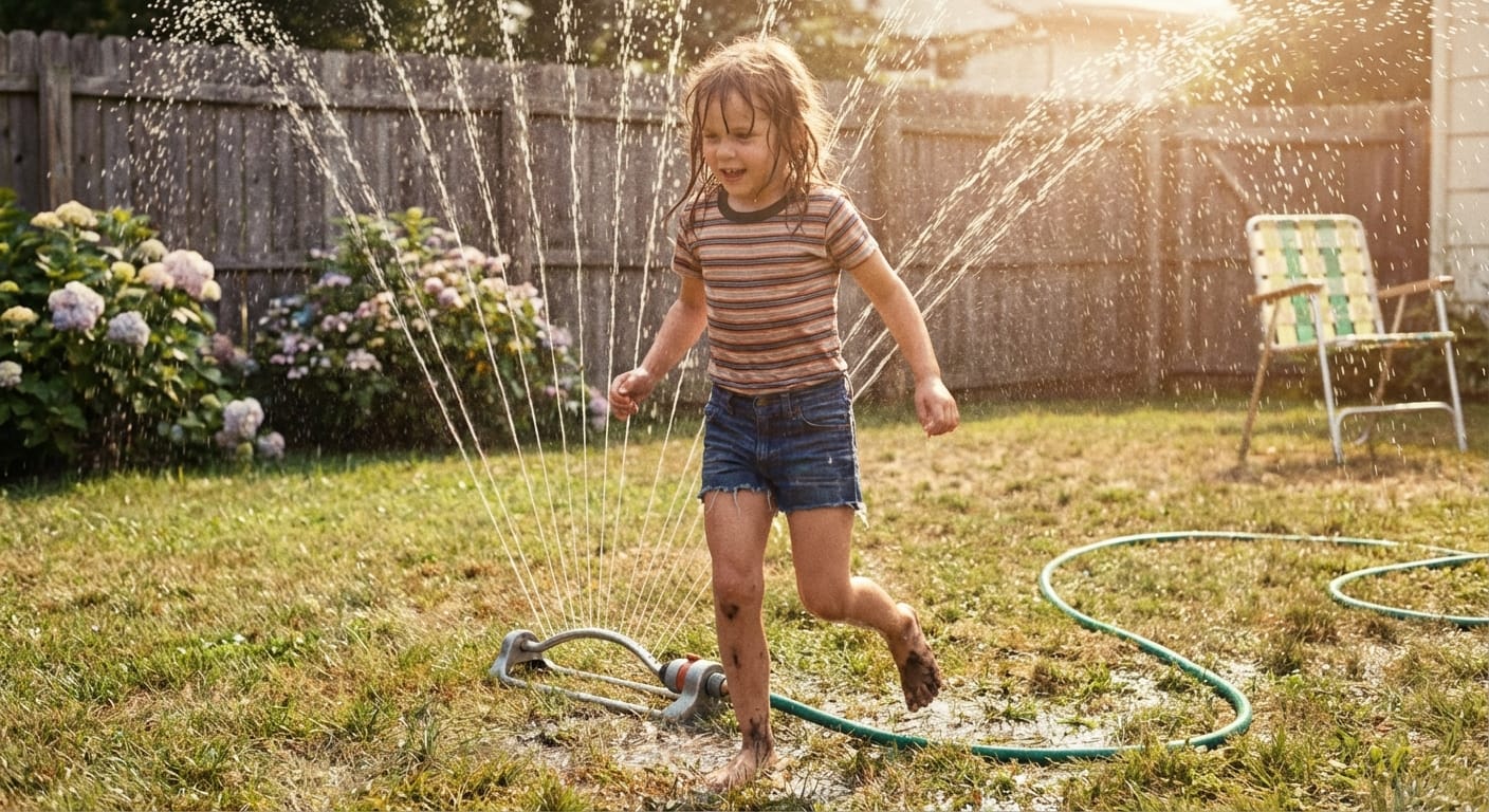 A young Susan Blake runs through the spray of a metal oscillating sprinkler attached to a green garden hose in a late-1960s backyard.