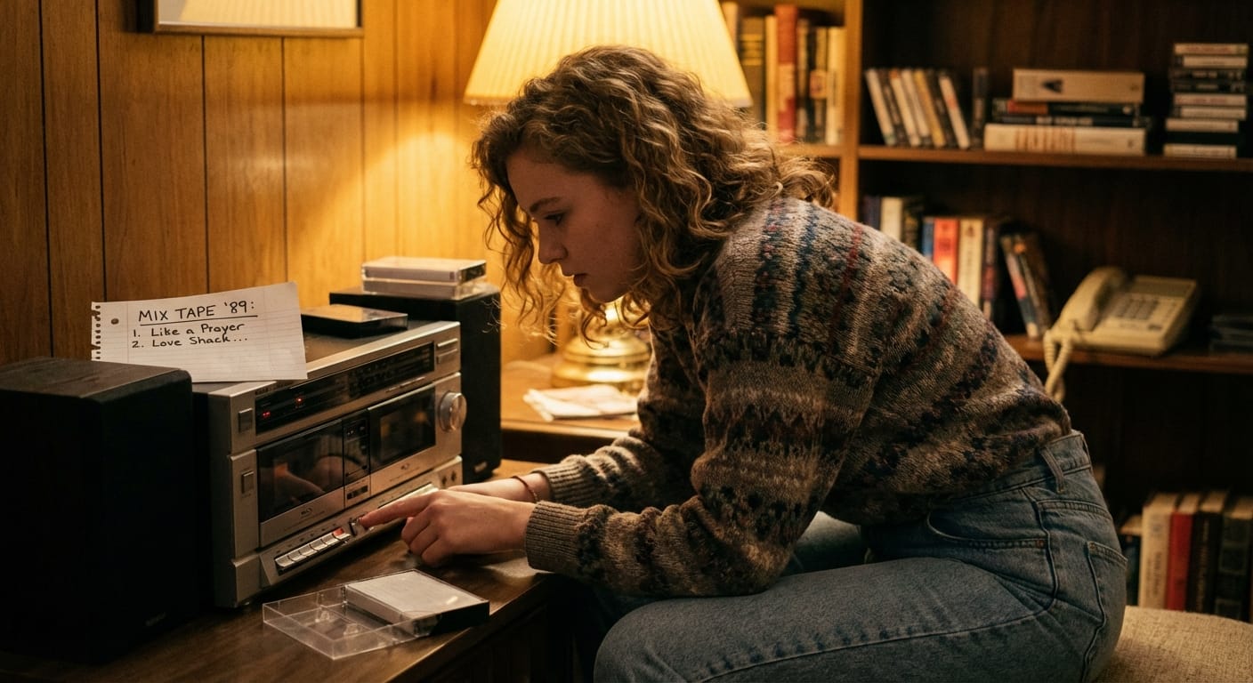 Rachel Simmons recording a song from the radio onto a blank cassette tape in 1989, handwritten song list beside the stereo.