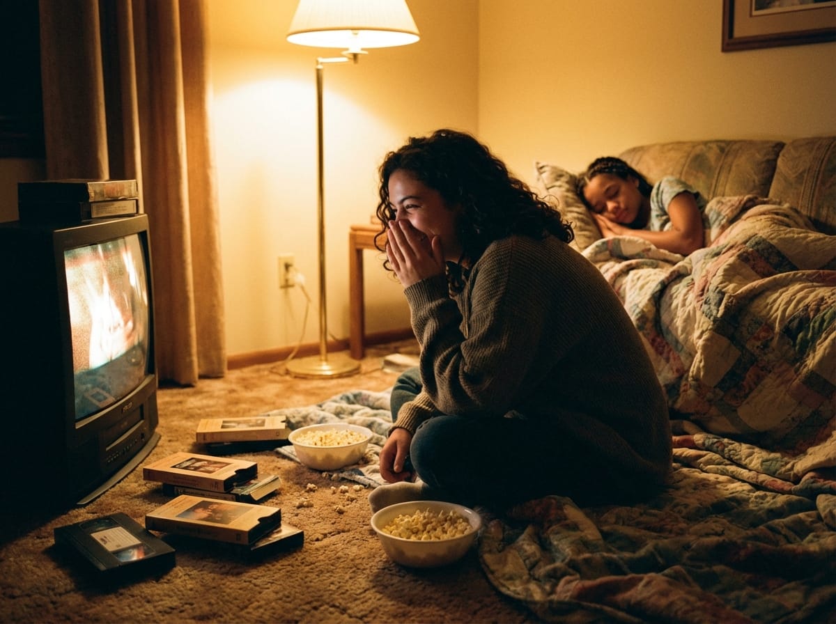 Jessica Lane on a blanket-covered living room floor in 1997 with VHS tapes and popcorn bowls, whispering during a late-night movie.