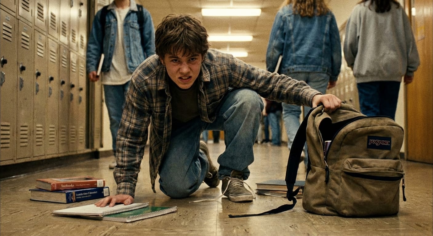 A teenage boy in a 1998 high school hallway getting up after tripping, with books scattered from his open backpack.