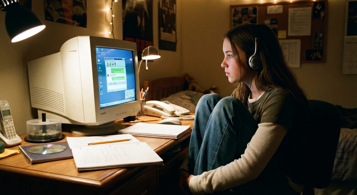 Rachel Simmons at a desktop computer in 2002, lit by a glowing CRT monitor with AIM open.