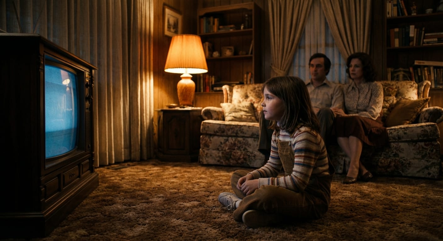 A young girl sits on the living room floor in dim lamplight while her parents watch TV on the couch, 1982.