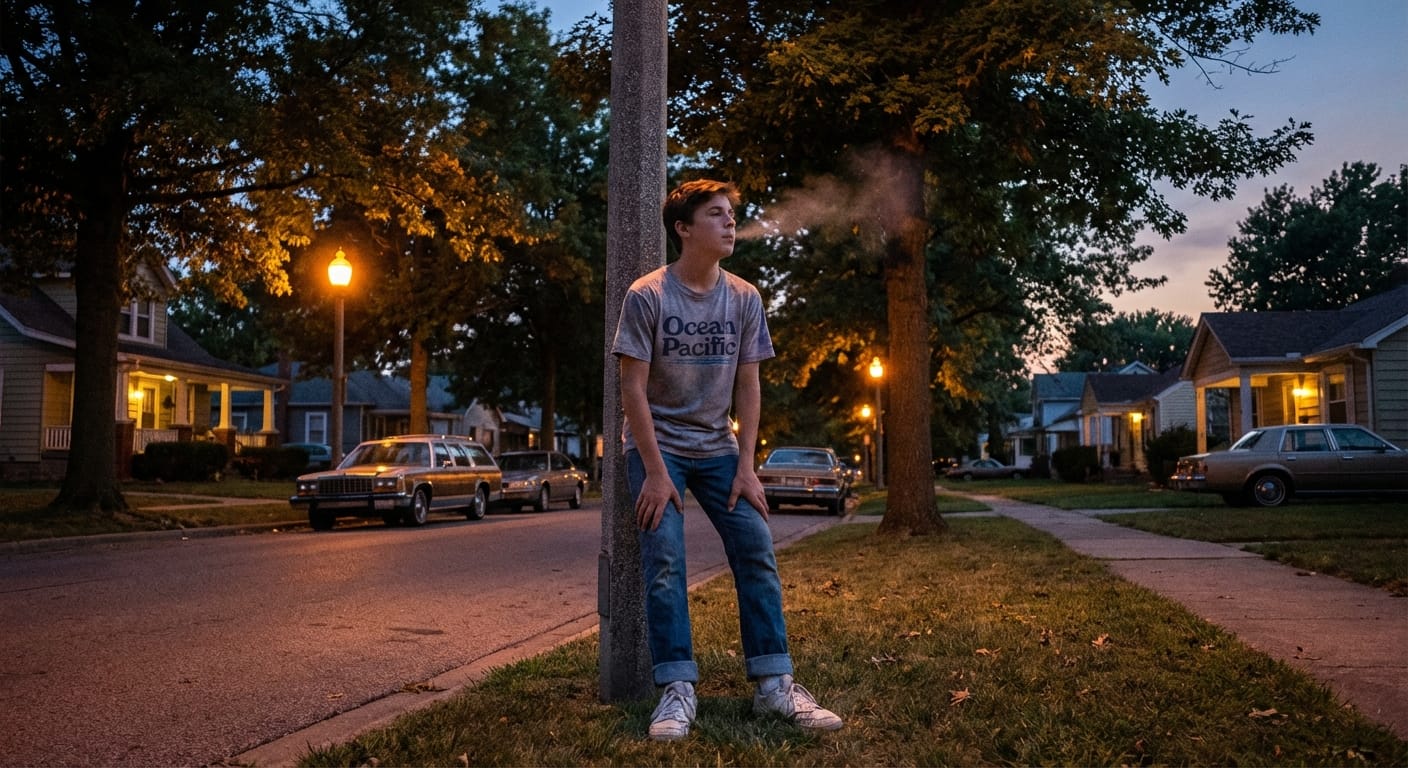 A teenage boy on a quiet neighborhood street at dusk as streetlights switch on in summer.