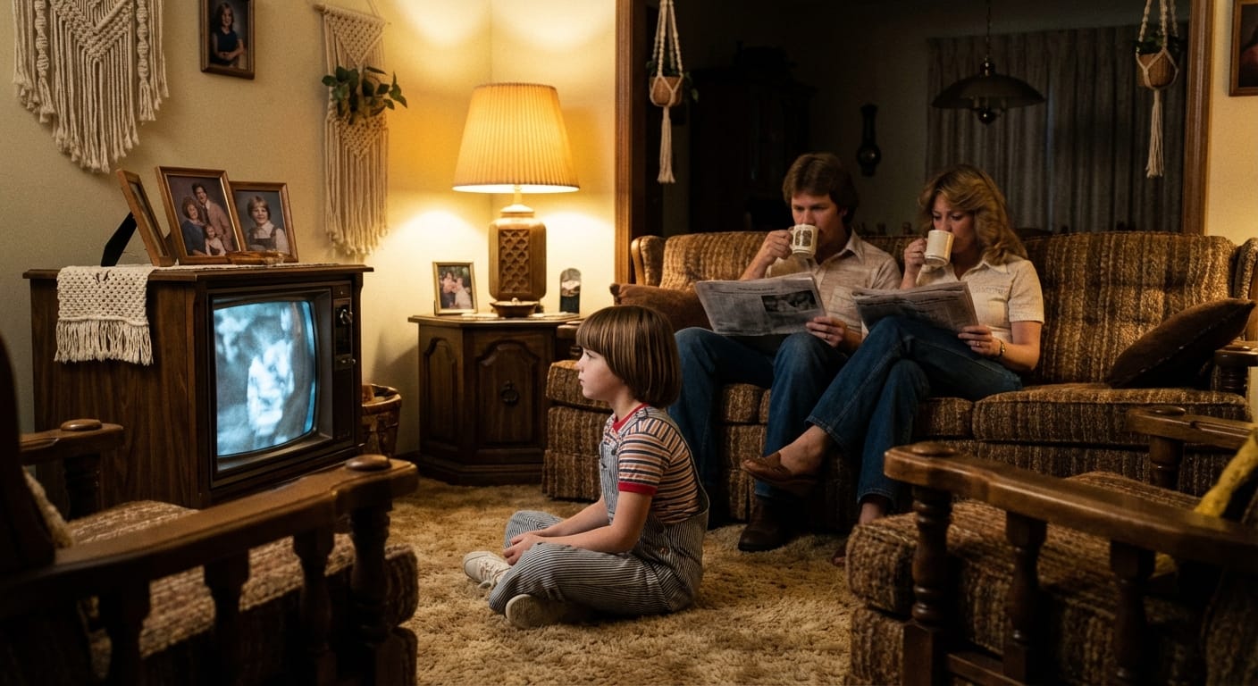 A quiet 1982 living room with a girl on the floor while her parents watch TV under dim lamp light.