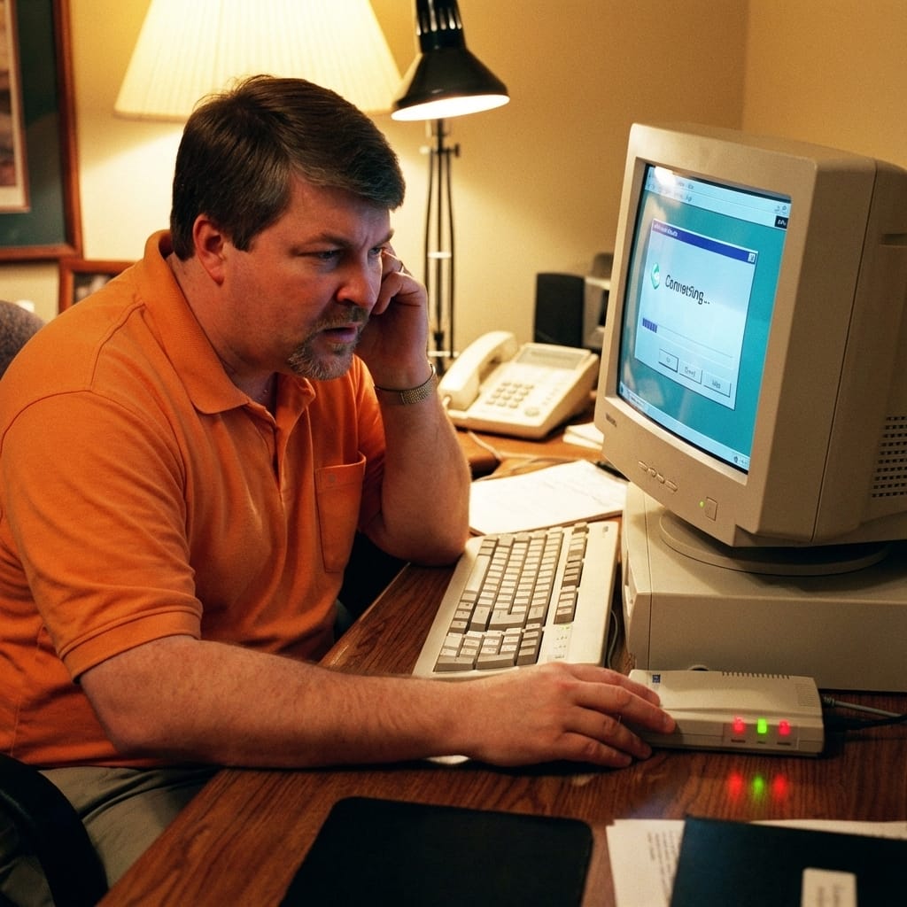 A man at a 1999 family computer listens to a dial-up modem while a phone line sits nearby.
