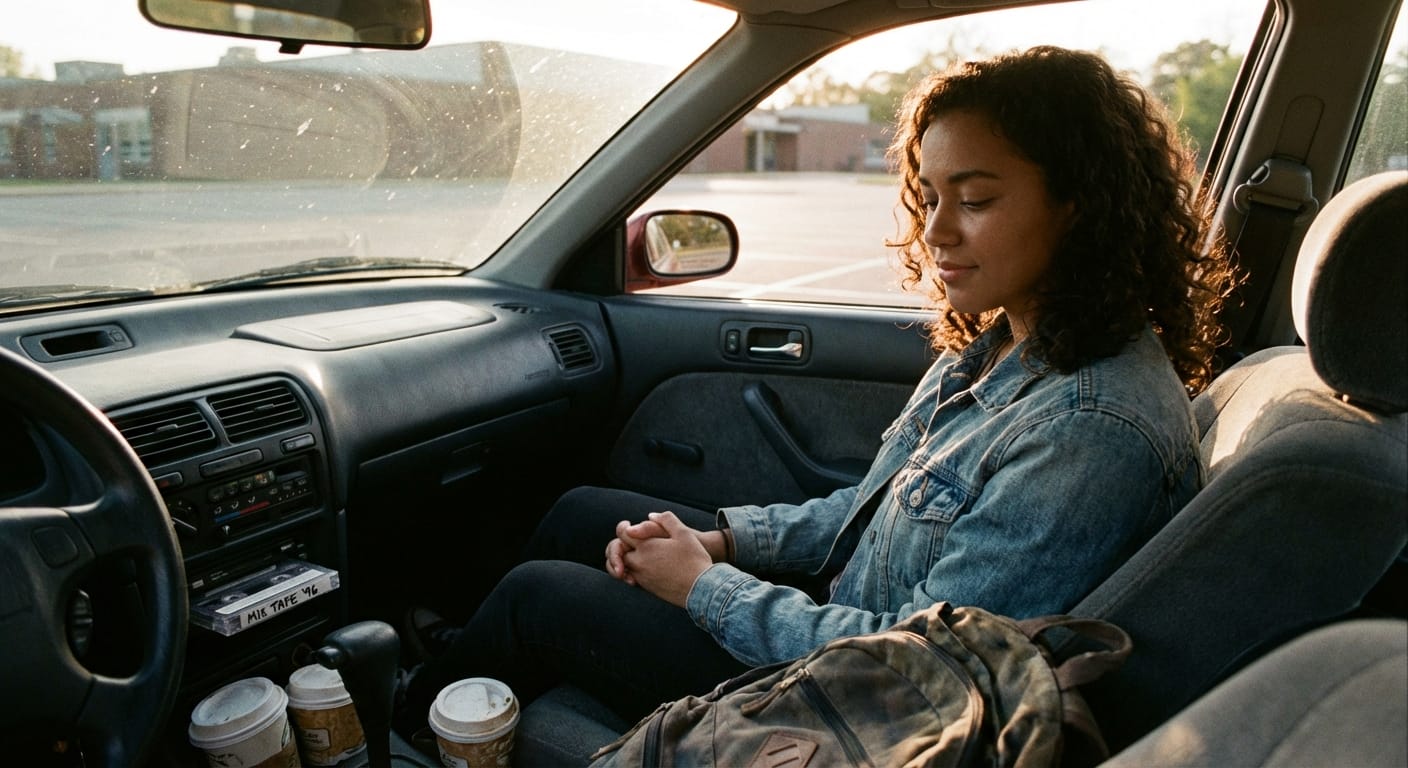 A young woman sits quietly in a parked sedan as a cassette plays in a school parking lot.