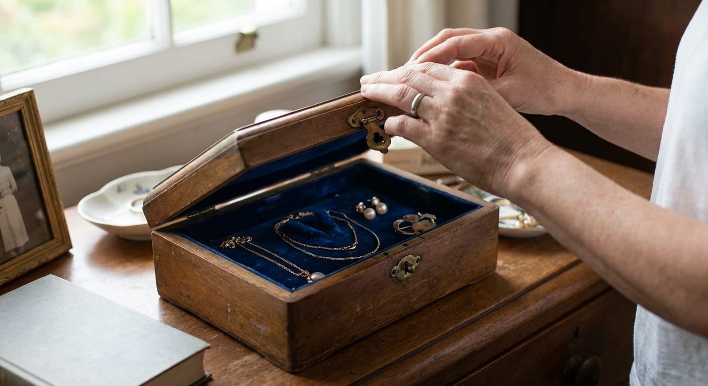 Ruth Lawson opening her wooden jewelry box on her dresser in soft light.
