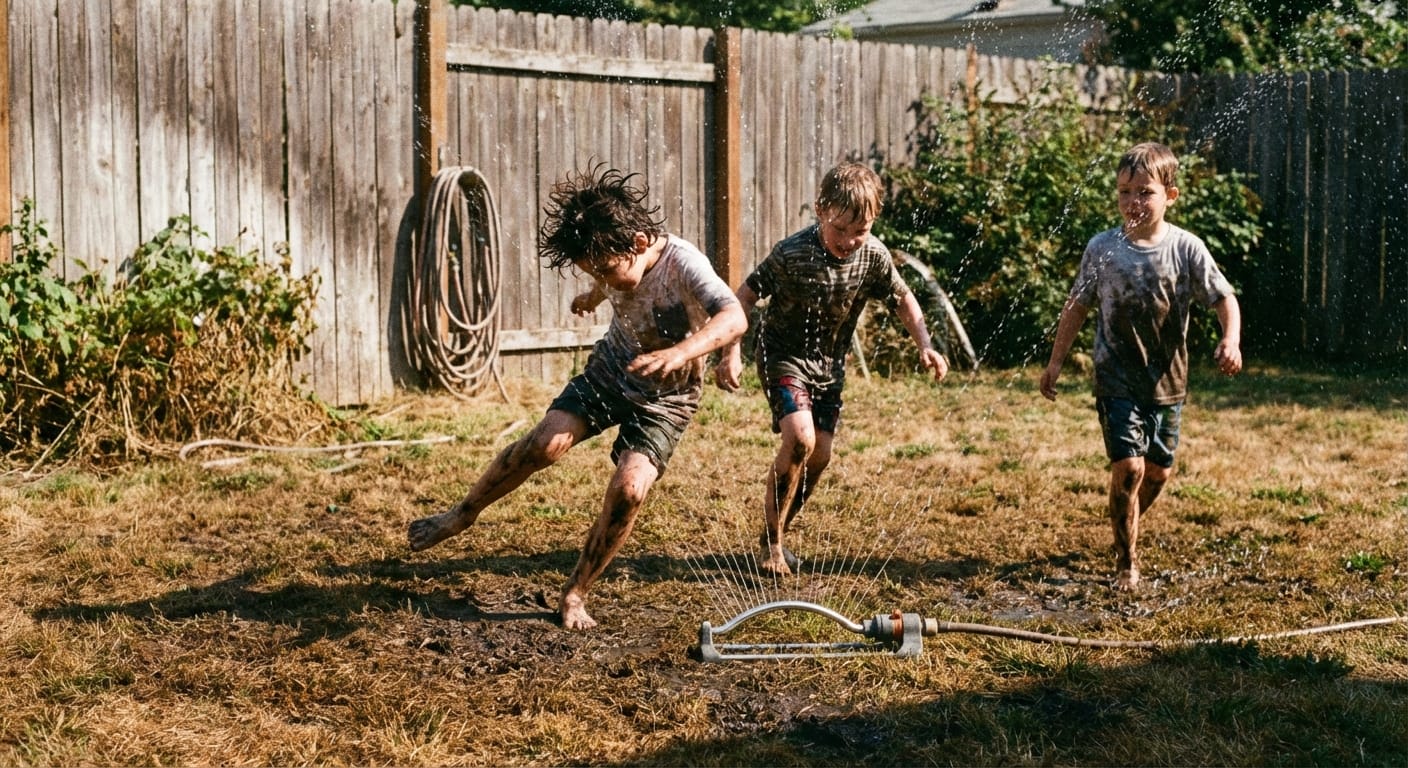 Brian Foster and friends running through a sprinkler as the yard turns muddy, with one dramatic slip in mid-fall.