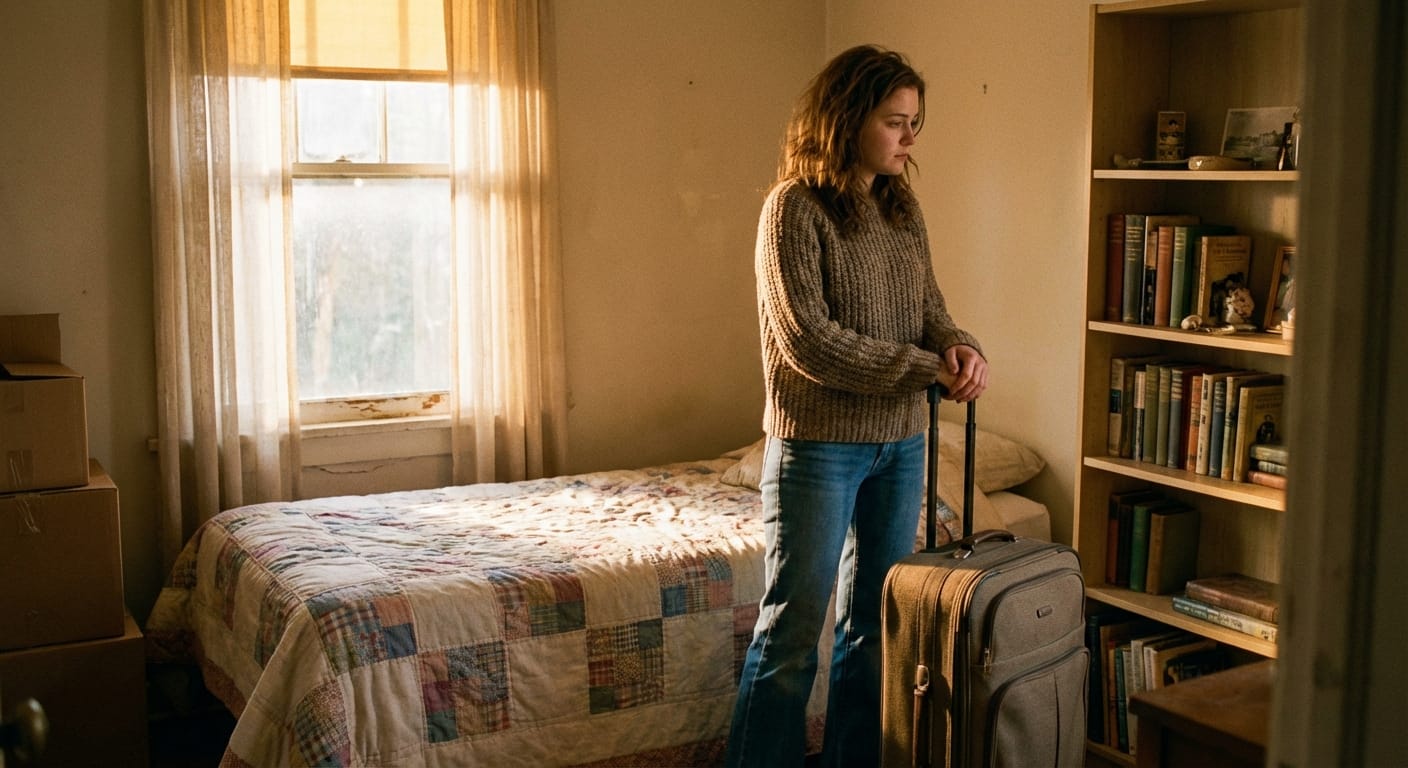 A young woman stands in early morning light in her quiet bedroom beside a packed suitcase, looking around before leaving for college.