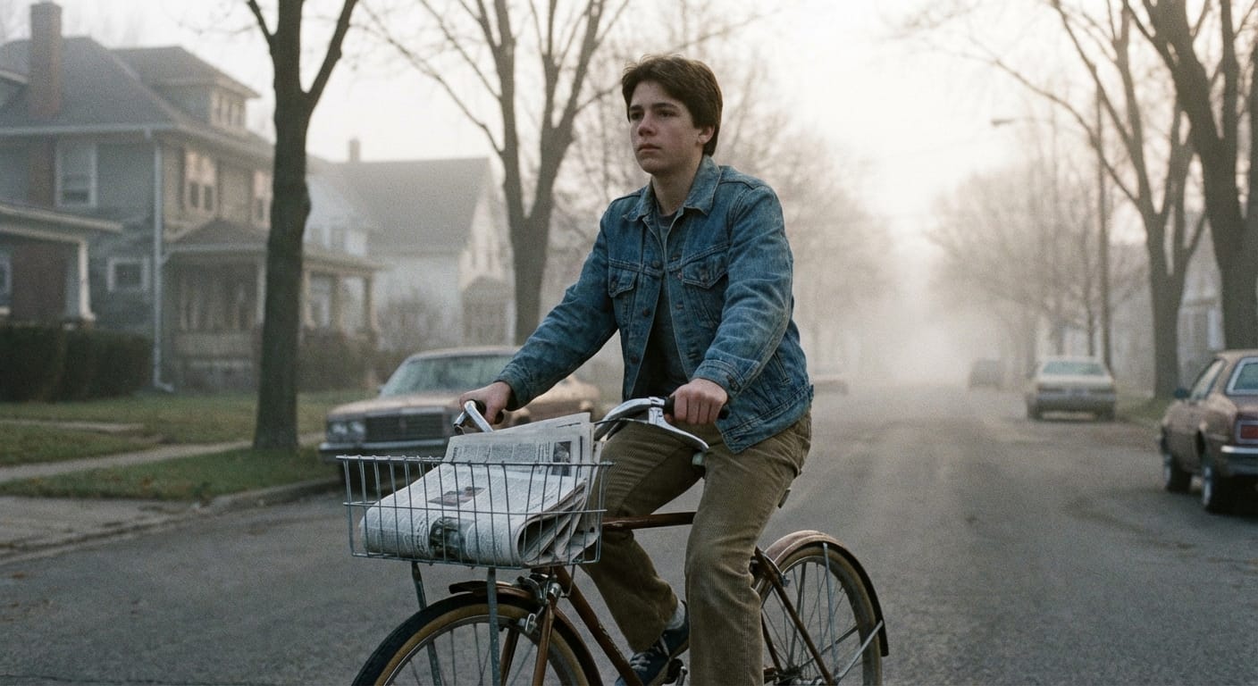 Daniel Brooks rides his bicycle with a wire basket full of newspapers through quiet suburban streets before sunrise in 1986.