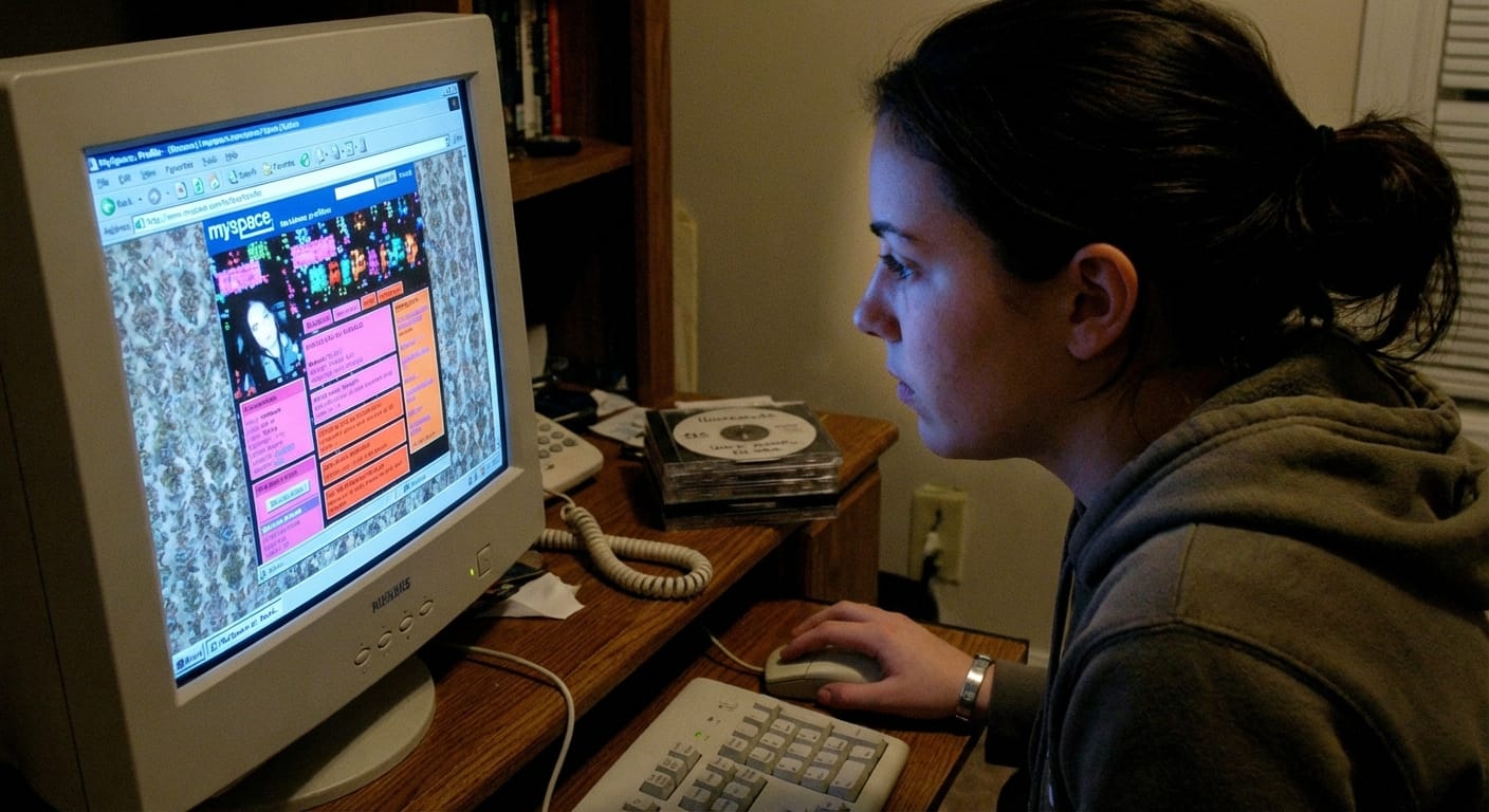 Jessica Turner customizing her MySpace profile on a desktop computer in 2005.