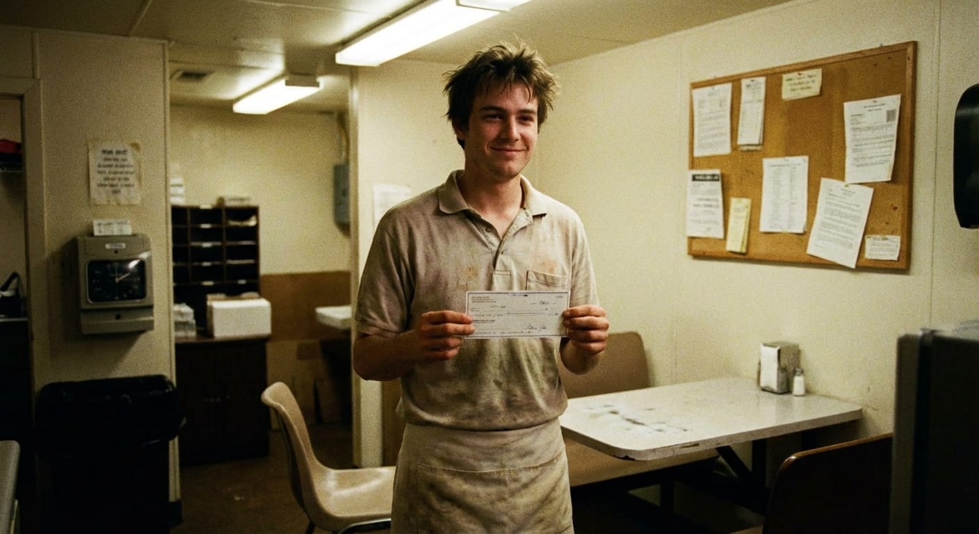 Kevin Ross in a fast-food break room in 1999 holding his paper paycheck before cashing it.