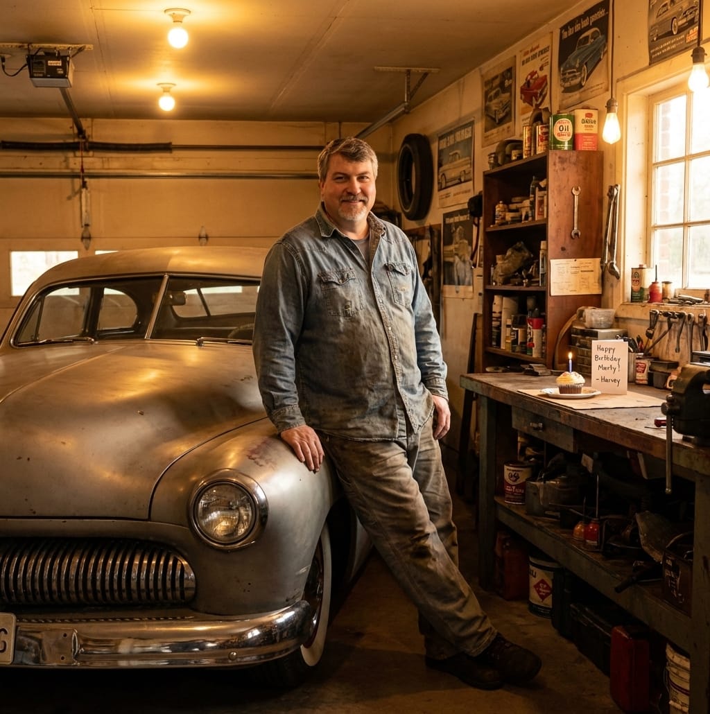 Marty Bostick in a warm-lit garage beside a 1949 Mercury Coupe, holding a birthday card from Harvey.